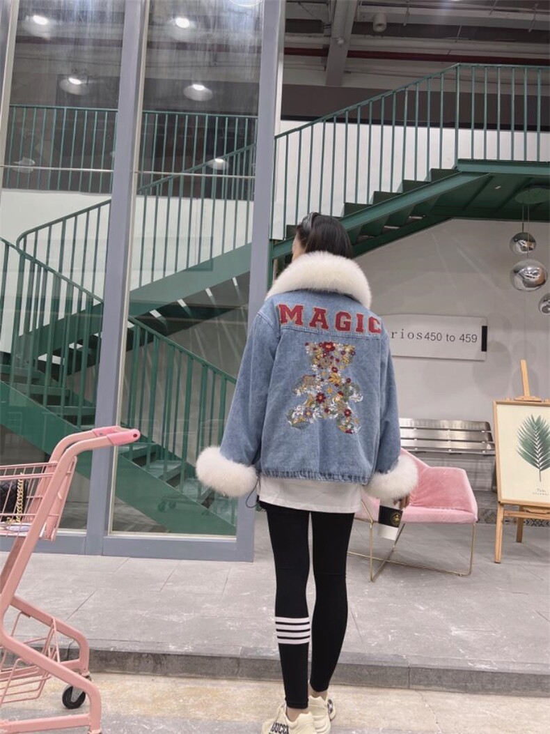 重工袖口狐狸毛狐狸毛领刺绣派克服外套，其它，金地雪