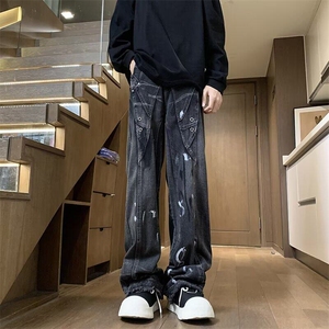 美式高街牛仔裤男女韩版潮流拼接涂鸦毛边2025春季长裤RK2223-P56图片