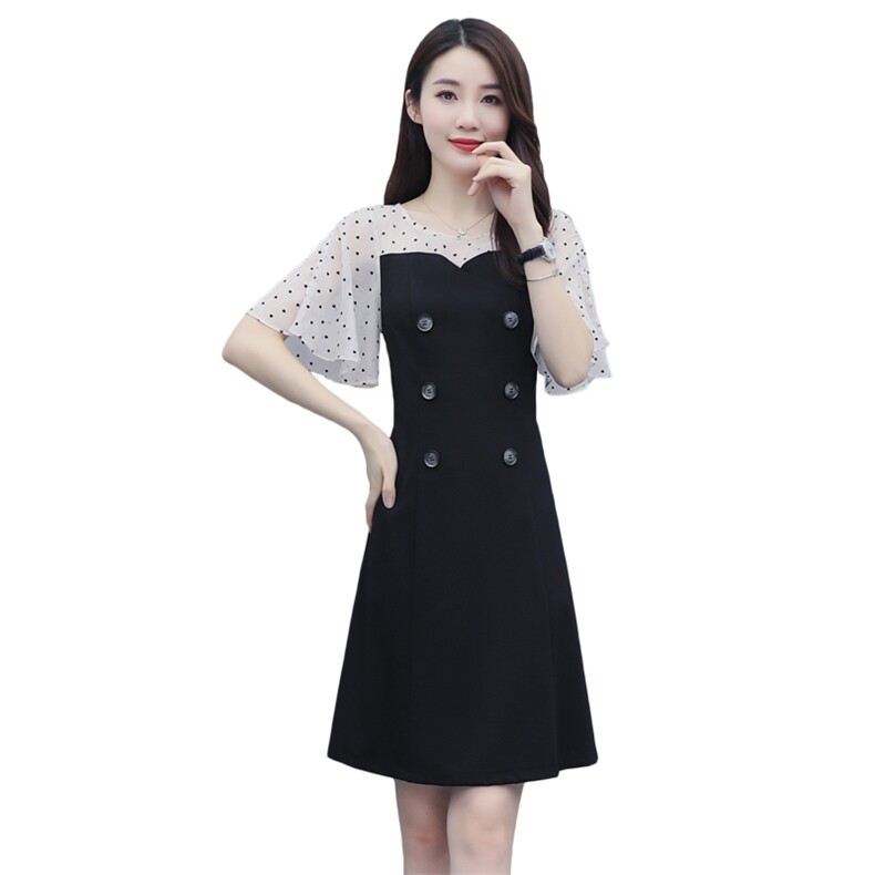 2020夏季时尚圆领显瘦拼接飘袖连衣裙小黑裙女装,女装连衣裙,岚衣(原川流布茜）