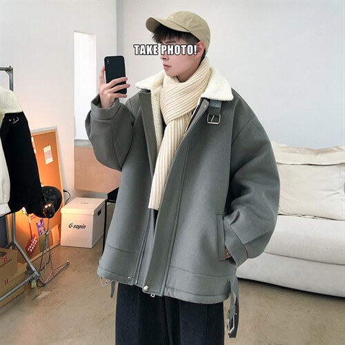 秋冬呢料港风ins纯色加厚羊羔毛短款男保暖棉衣 A071-089-P125图片