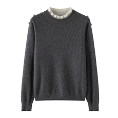 2025年秋季新款圆领木耳边肩部三颗扣针织上衣时尚休闲通勤百搭，女装羊绒衫，绒创羊绒