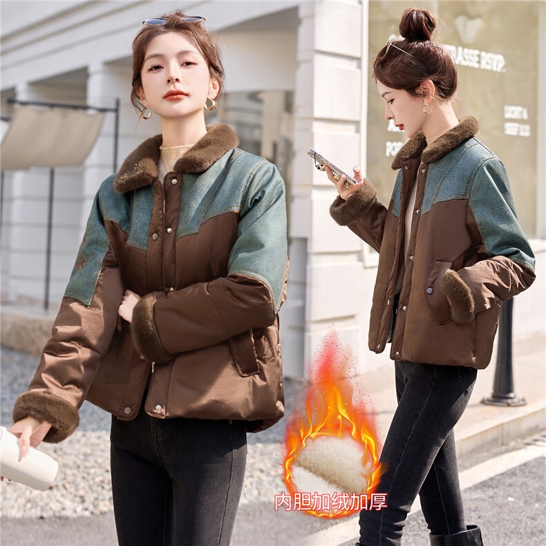 时尚翻领牛仔拼接短款棉袄2669P150,女装棉衣/棉服,乐衣轩