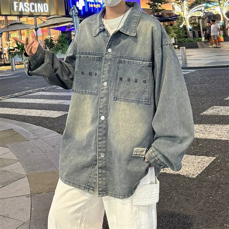 春秋季新款翻领做旧水洗牛仔外套时尚简约衬衫男士夹克J2221,男装工装外套,星座1116A-1（原606A）