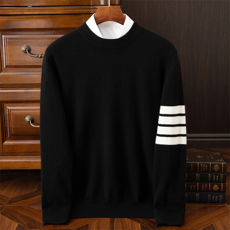 男羊绒套头衫简约圆领长袖经典黑白条纹装饰保暖商务休闲男装，男装羊绒套衫，欧力羊绒