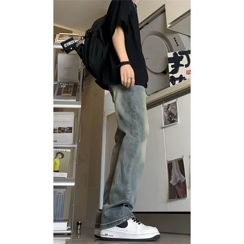 美式复古水洗牛仔裤秋季高街痞帅显瘦微喇直筒裤cleanfit做旧长裤,男装牛仔裤,星座1008