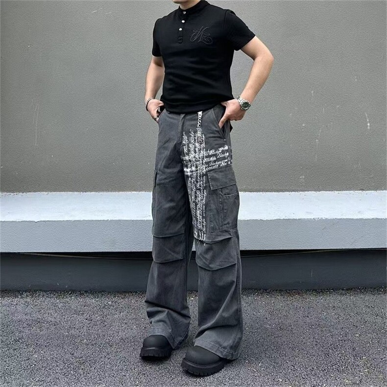 美式覆古字母印花多口袋褶皱工装裤高街cleanfit宽松直筒休闲长裤,男装工装外套,星座302B