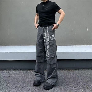 美式覆古字母印花多口袋褶皱工装裤高街cleanfit宽松直筒休闲长裤图片