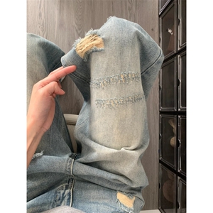 美式高街做旧破洞牛仔裤设计感不规则瘦阔腿长裤图片