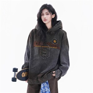 W11131-P88 网图现货 高品质春季新款复古做旧刺绣连帽套头卫衣图片