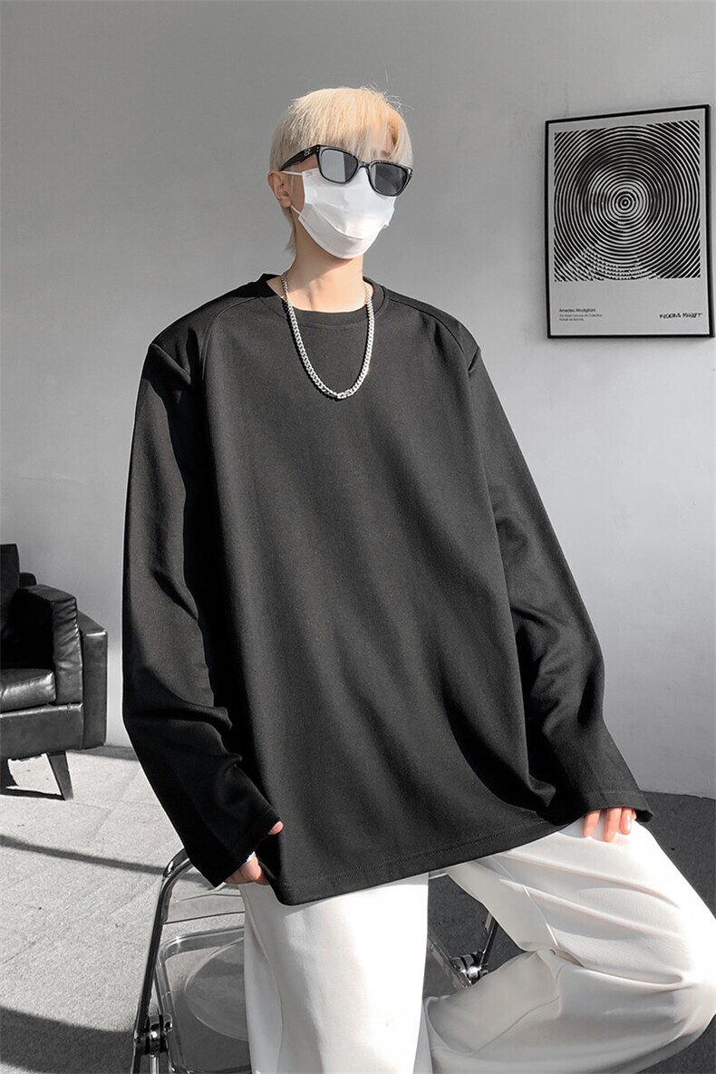 8XL-M重磅垫肩长袖T恤男设计感圆领卫衣正肩纯色打底衫DX329P48,男装T恤,电商D206-1
