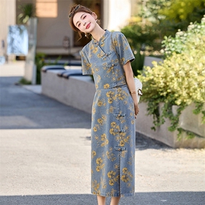 新中式盘扣牛仔套装裙女2025年夏季新款复古印花半身裙两件套图片
