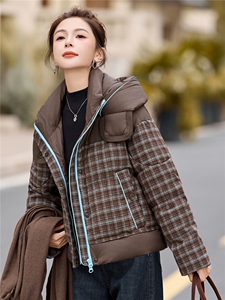 时尚格子连帽短款羽绒服女2025年冬季新款加厚保暖减龄白鸭绒外套图片