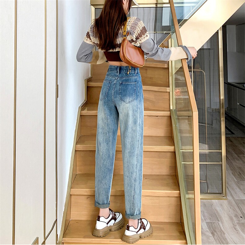 渐变高腰牛仔裤女2023春秋季新款宽松显瘦哈伦萝卜九分老爹裤,女装牛仔裤,梦白服饰厂