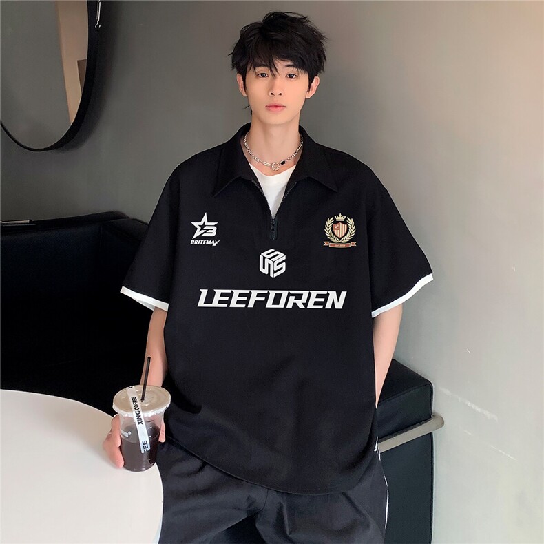 美式复古假两件质感潮牌半拉链学院风情侣POLO衫夏季短袖T308-P38，男装Polo衫，电商C307