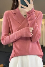 春秋精纺羊毛衫西装领女长袖套头毛衣宽松显瘦羊绒薄款针织打底衫，女装羊毛衫，总能电商供货