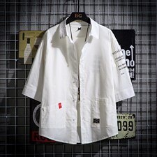 2021夏季新日系大码男网格挂拍宽松印花绣标七分袖衬衫C553-P40，男装衬衫，电商A001