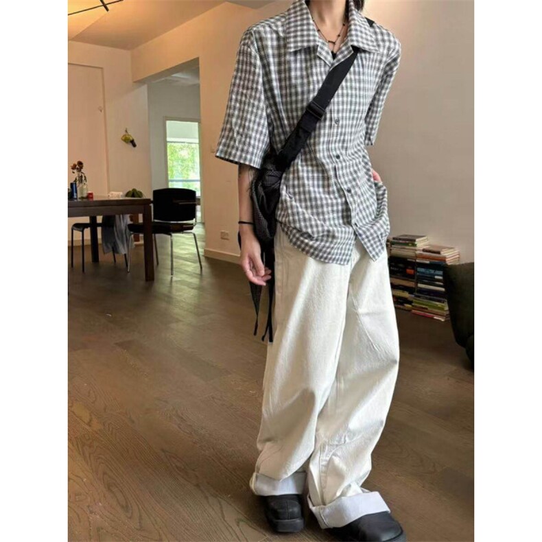 杭州出货~25新款夏季纯棉男女黑白格纹古巴领短袖衬衫CT25112批38,男装T恤,星座1004-6