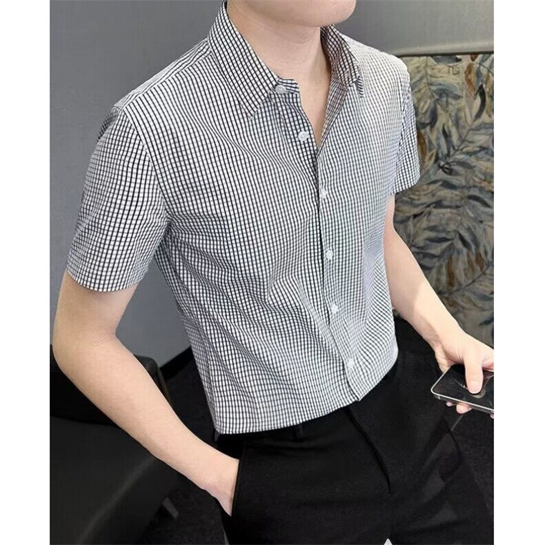 小格子衬衫男士短袖夏季2025新款痞帅男装商务修身衬衣C41,男装T恤,星座1116A-2（原606A-1）