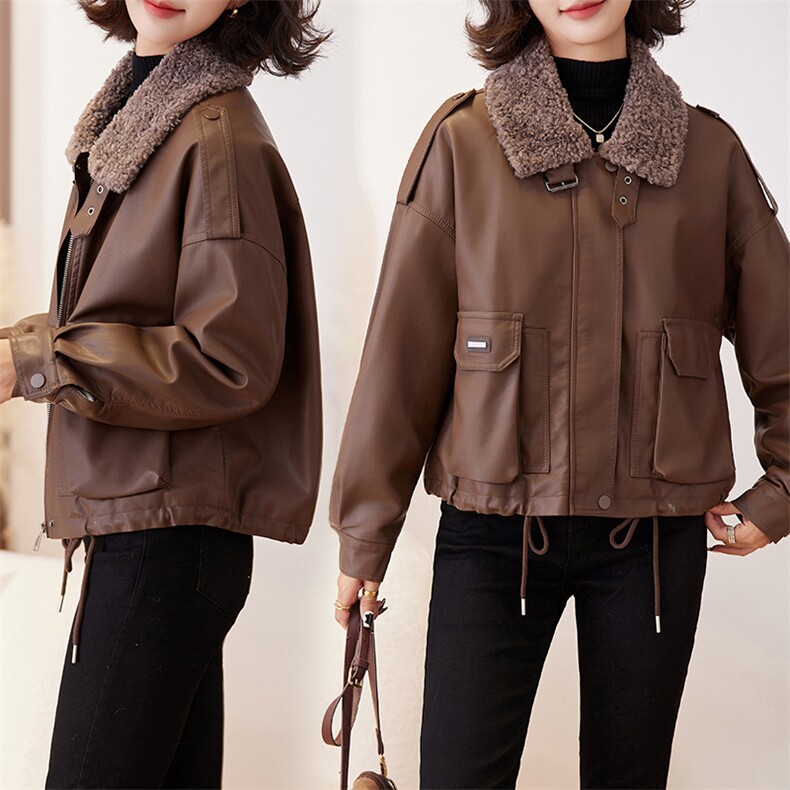 现货简约韩版加绒加厚皮衣外套女2024秋冬新款保暖夹克保暖皮上衣，女装皮衣，跑量工厂店