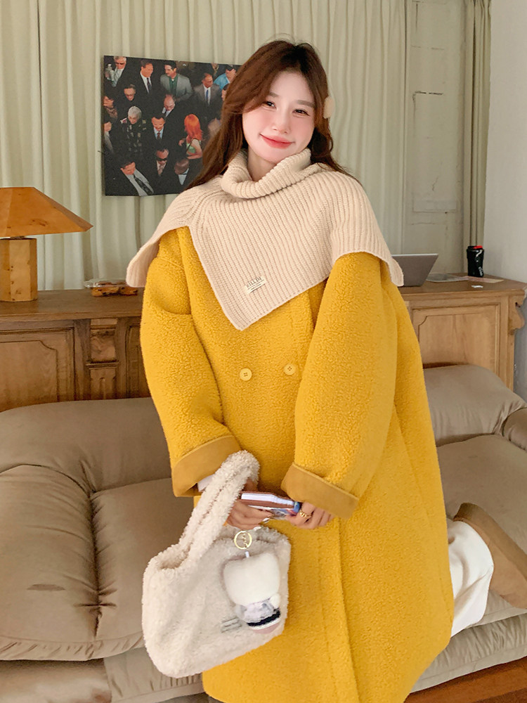 新品黄色羊羔毛长款外套2c309-871-p195-k288,女装毛呢外套,2C309
