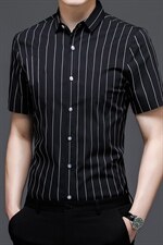 C6850钱塘2020-2常年款精品男士男士短袖休闲高端衬衫竖条纹P55，男装衬衫，钱塘207-2
