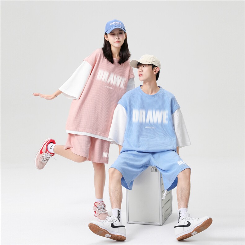 情侣装23夏季ins时尚印花圆领ins短袖运动风T恤套装TZ602P75控98,男装T恤,A247A