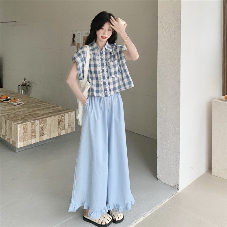 韩系甜美学院风蕾丝花边格子衬衣套装女夏季2025新款阔腿裤两件套,女装套装/套裙,2C135
