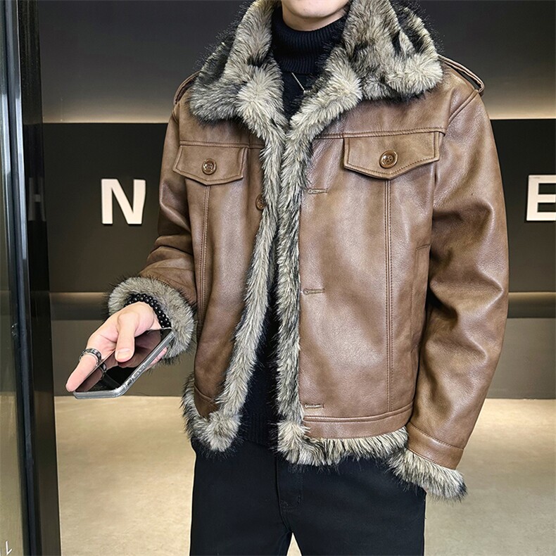 座山雕加绒加厚皮衣外套男士皮毛一体冬季PU皮棉衣B338-5606-P215,男装皮衣,电商B338