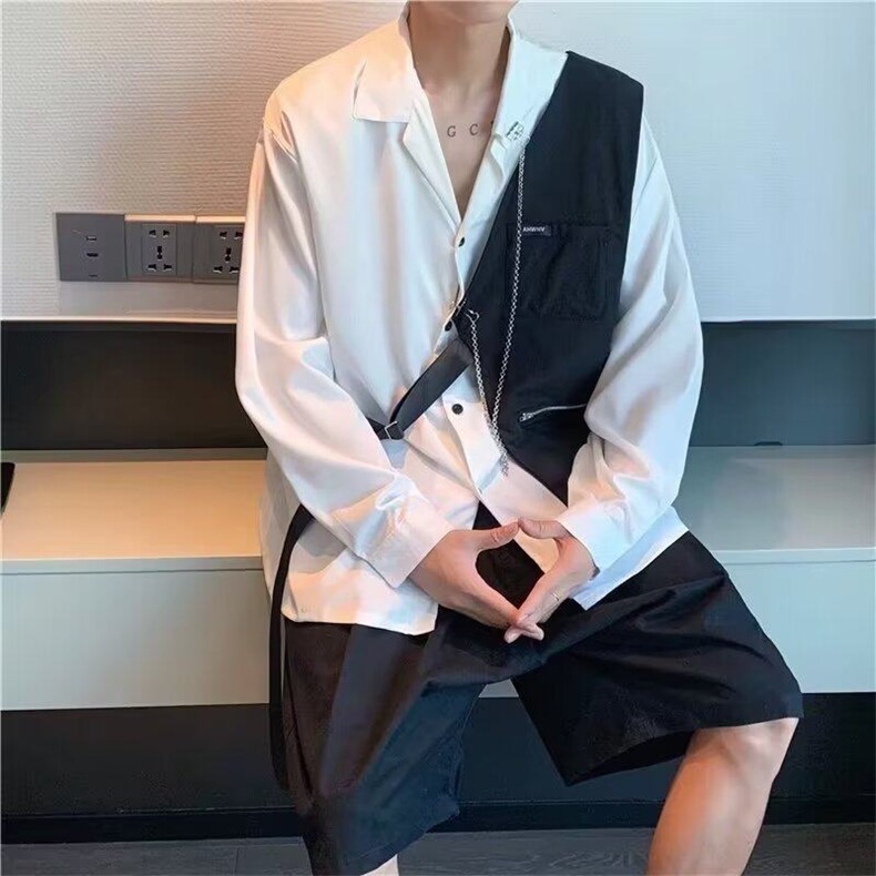 个性设计感马甲拼接撞色薄款长袖项链衬衫男高街外穿上衣CW1019,男装衬衫,星座1116A-1（原606A）