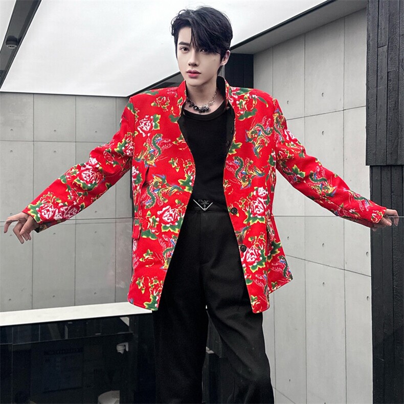 （自家图）双面两穿西装小众东北大花印花中山装外套1201-P108，男装西服套装，星座910-5