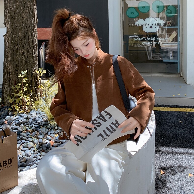美拉德棕色麂皮绒短外套女秋季2025新款小个子复古炸街上衣夹克,女装短外套,2C327