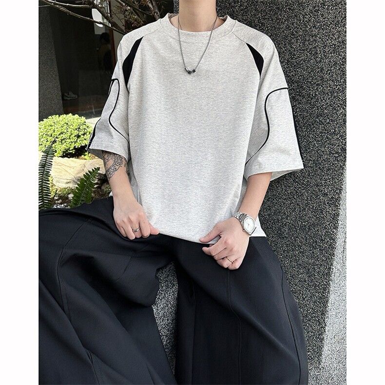 8XL-M美式小众高级感拼接短袖T恤男夏简约百搭宽松纯棉上衣DX336,男装T恤,电商D206-1