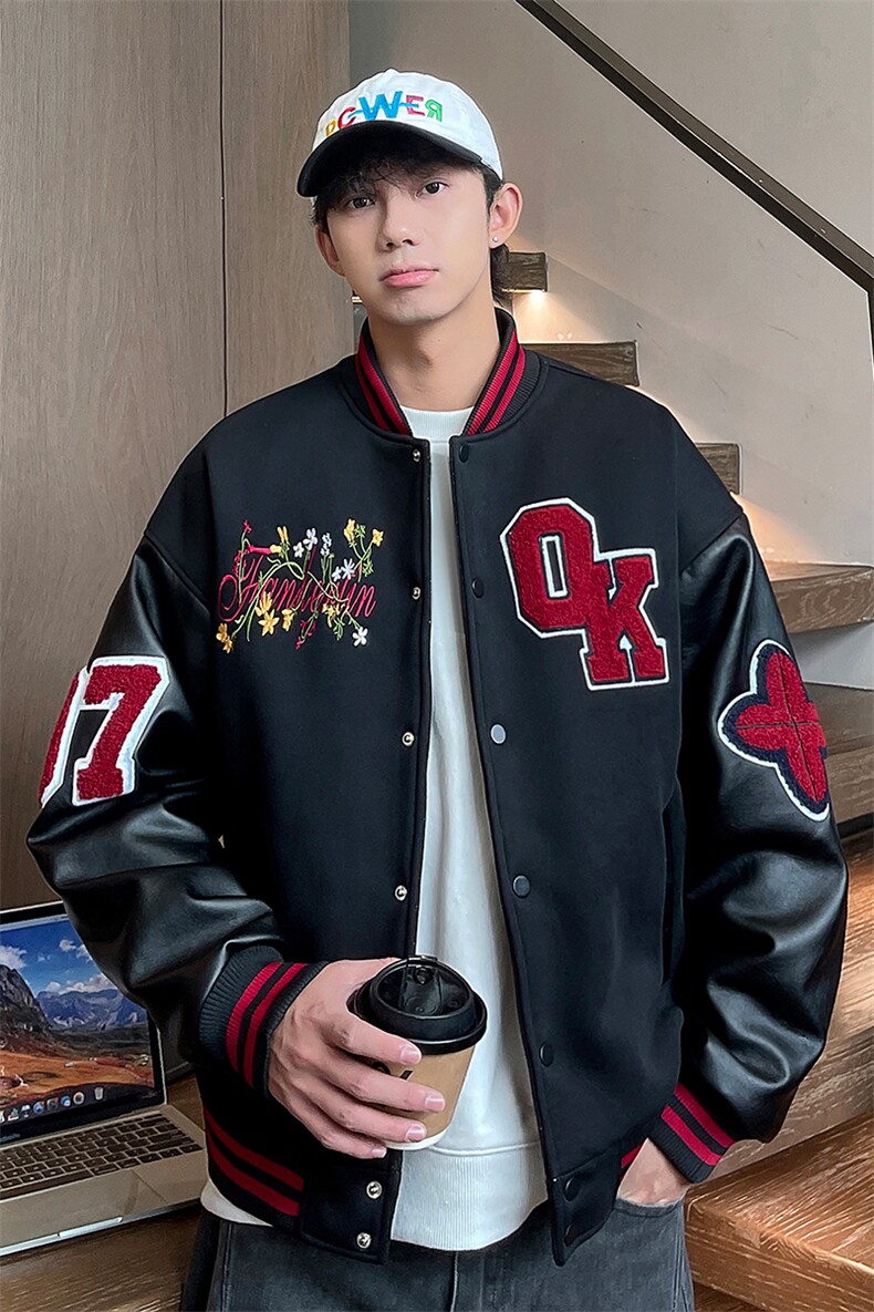 JK5872-P85美式拼接刺绣皮质撞色棒球服飞行员夹克外套控149,男装夹克,星座109