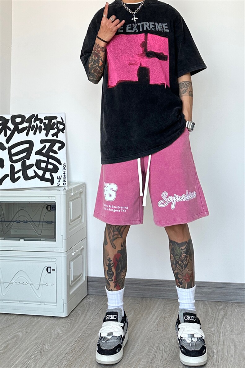 港风纯棉320G重磅水洗做旧印花短裤A014-DY2371-P50控68,男装牛仔裤,电商A014