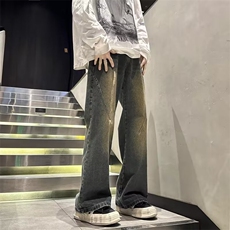 蓝色直筒牛仔裤男冬季美式做旧高街抽绳阔腿裤K7026-P48，男装牛仔裤，星座1109-3