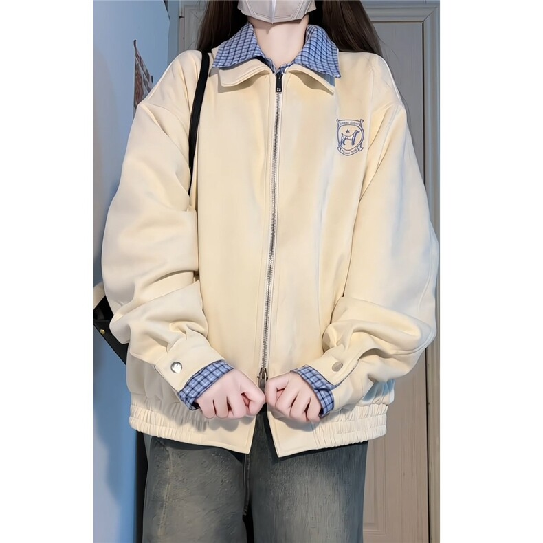 蓝白格纹假两件学院风翻领外套男女春秋韩系穿搭情侣夹克AJK244图片