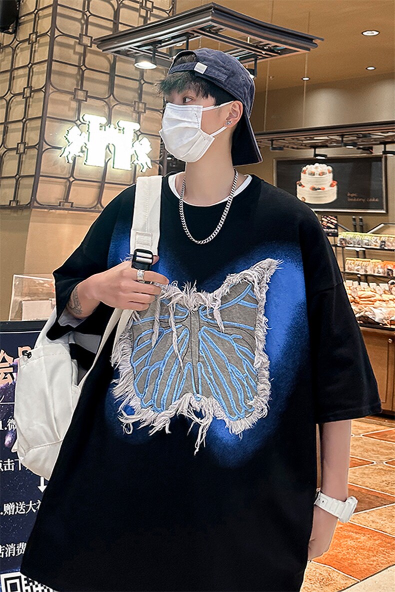 CC342-P50美式高街毛边蝴蝶大流苏贴布T恤控69,男装T恤,星座1611A-1