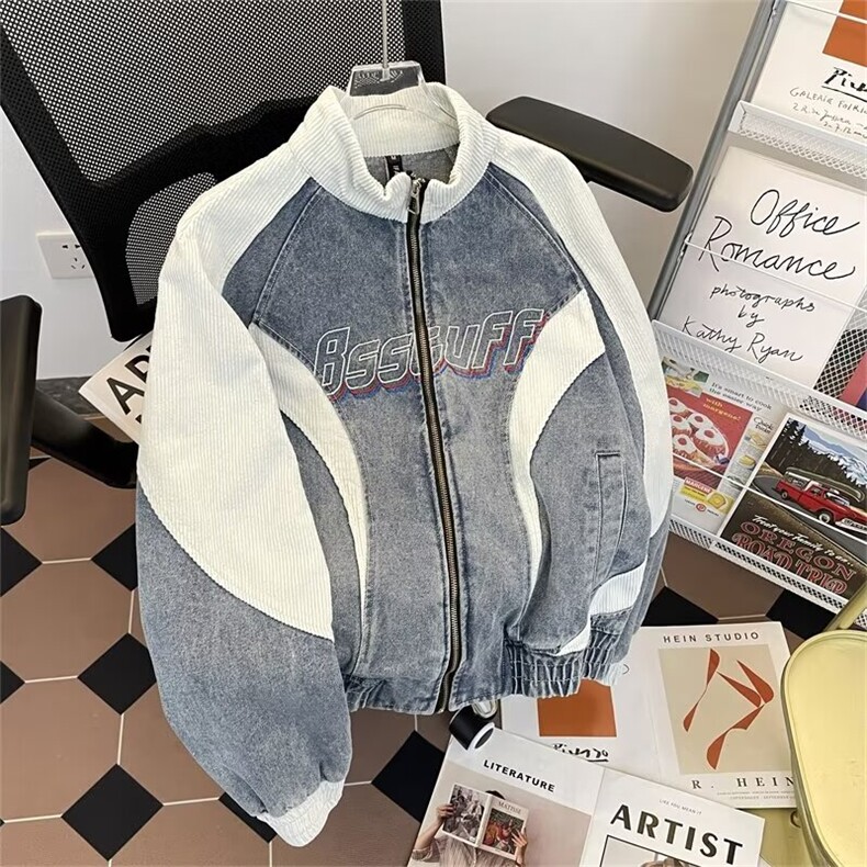 秋款男牛仔夹克灯芯绒撞色拼接立领外套机车夹克JK180 P95图片