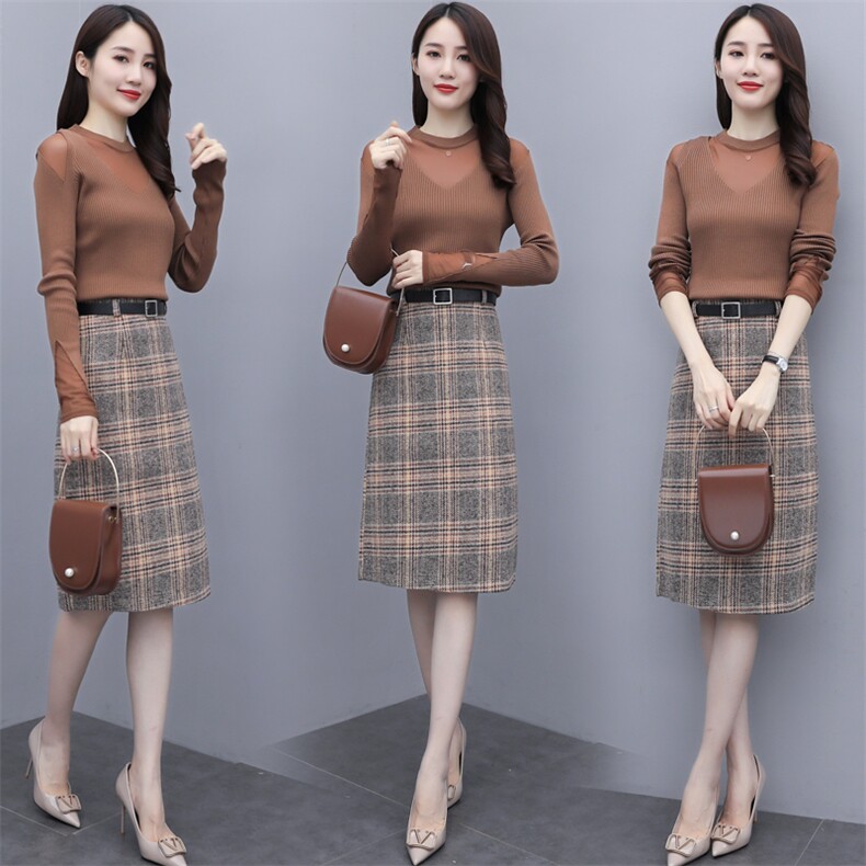 2021新款秋冬季套装/套裙时尚针织打底衫格子毛呢半身裙两件套，女装套装/套裙，瑶迪依秀