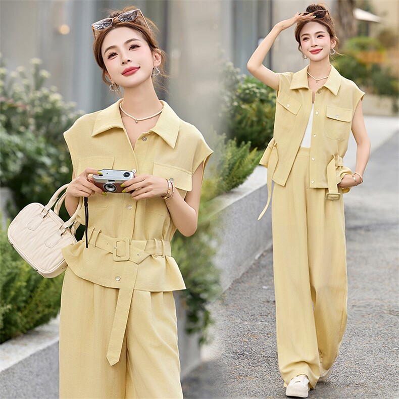 黄色绝美休闲套装裤女2025夏季新款系带收腰衬衫工装阔腿裤两件套图片