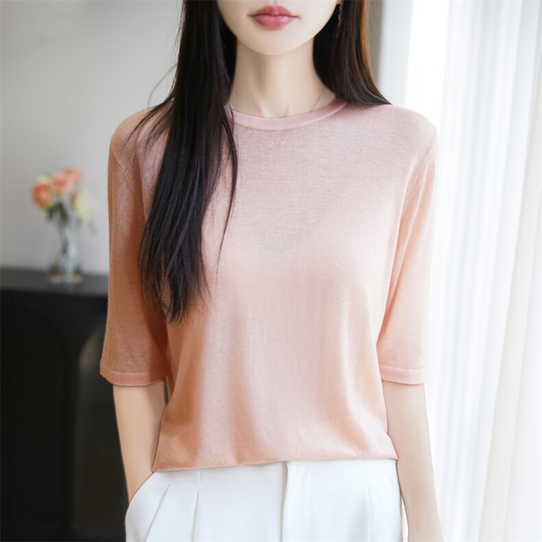 精纺羊毛薄款五分袖针织衫女T恤2025新款宽松显瘦半袖打底上衣t恤，女装针织衫/毛衣，暖烁羊绒