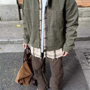 美式复古水洗帆布牛仔外套男春秋款设计高级感宽松立领哈灵顿夹克图片