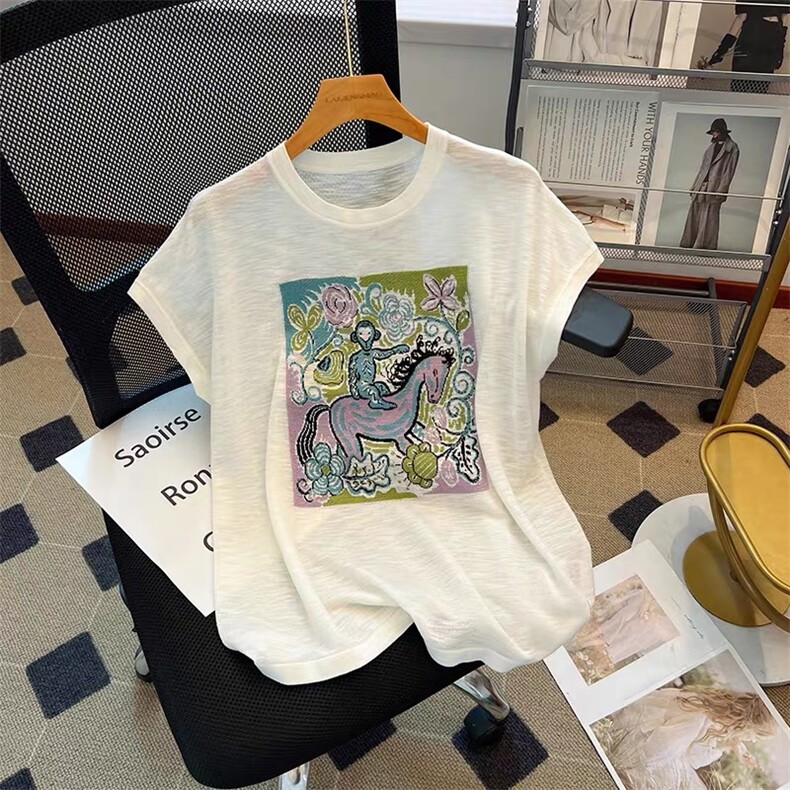 【门店198！】竹节麻针织绿色小马短袖t恤女士薄款夏季短款上衣,女装T恤,晨旭羊绒