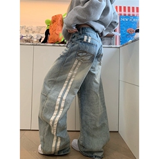 美式水洗做旧设计感刺绣弯刀牛仔裤宽松直筒阔腿拖地长裤子NB225，男装牛仔裤，星座516A