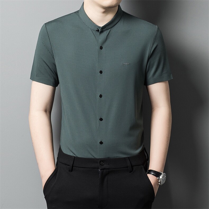 Y8107钱塘2020-2夏季新款立领男士短袖衬衫薄款宽松休闲衬衣P60,男装衬衫,钱塘207-2
