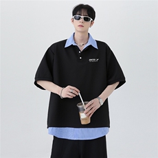 撞色拼接翻领cleanfit假两件短袖潮牌痞帅炸街t恤Polo衫T253-P48，男装Polo衫，电商C307