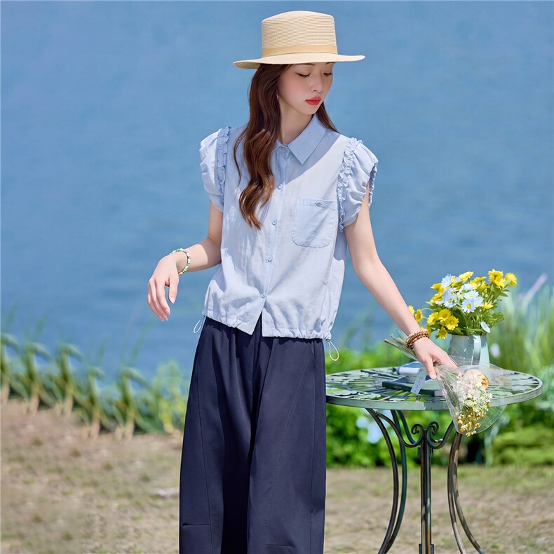 2026年夏季新款木耳边甜美衬衫阔腿裤两件套套装女,女装套装/套裙,依路服饰