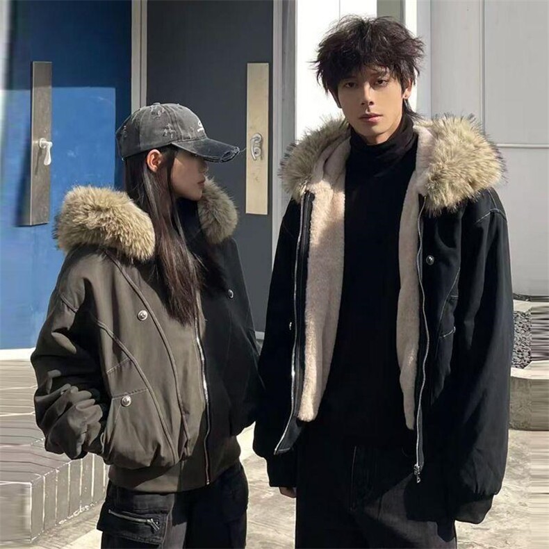 现货重磅boxy短款棉衣座山雕大毛毛领男女棉服水洗工装厚外套，男装棉衣，电商A486-1