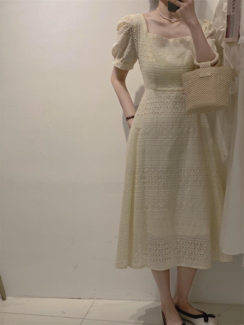 简约方领钩花长裙，其它，驿谷