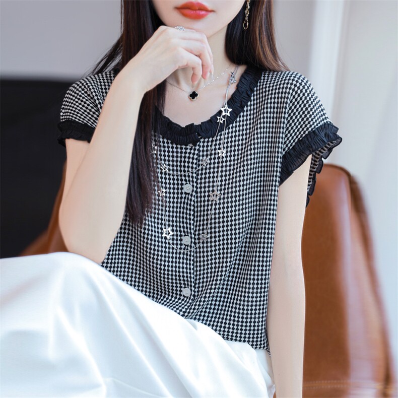 撞色格子飞飞袖针织衫女欧洲站2025夏装新款欧货女装洋气打底衫潮,女装T恤,源达羊绒